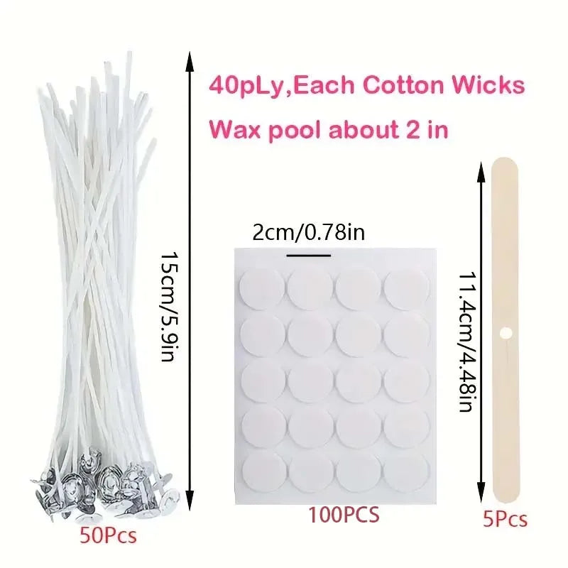 Candle Making Kit: 50x Braided Wicks, 100x Candle Wick Stickers & 5x Wooden Candle Wick Holders for Soy And Beeswax Candles