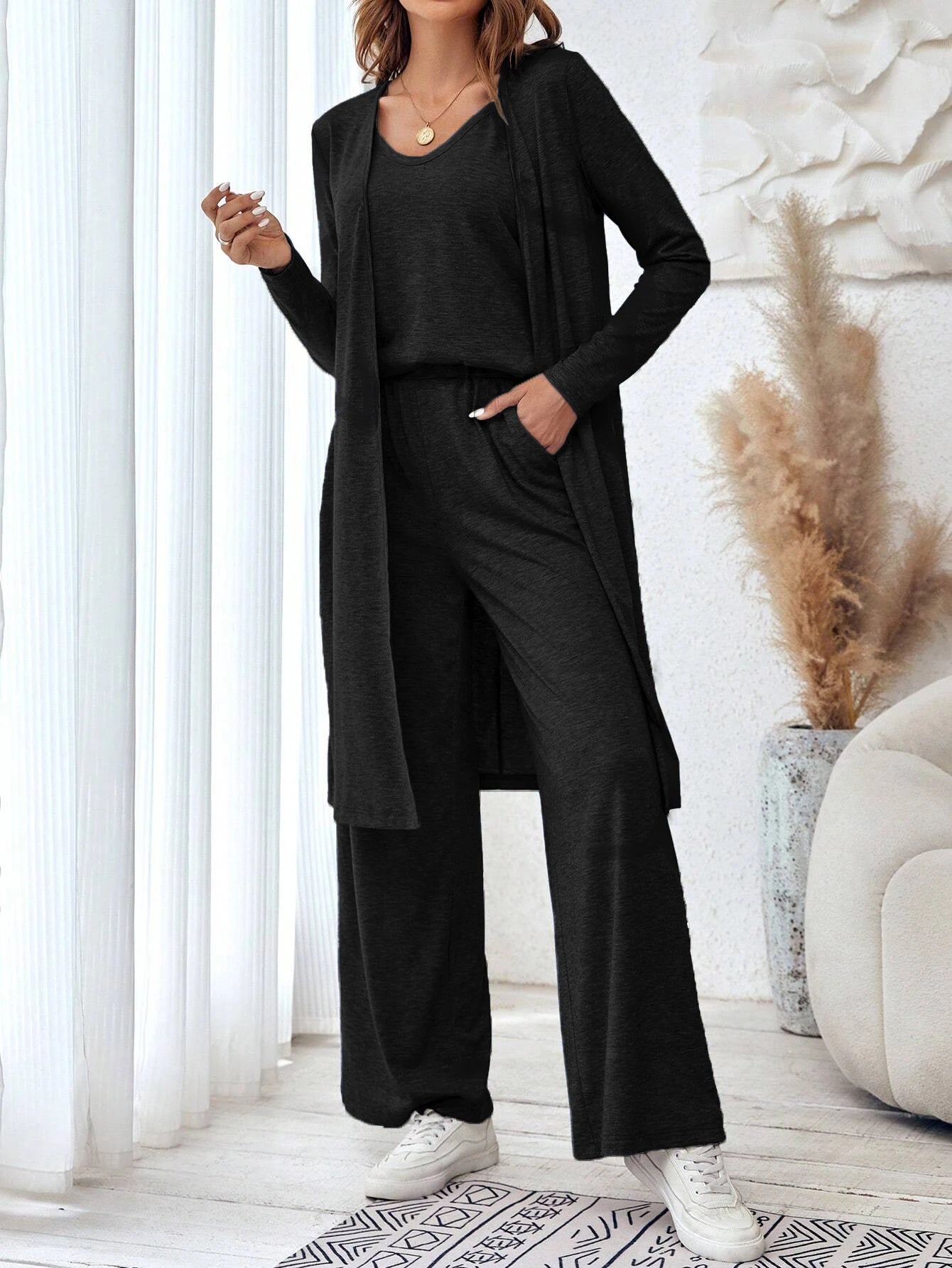 Cardigan ample à col en V et pantalon à jambe droite pour femmes, gilet décontracté, ensemble de 3 pièces, nouvelle mode, automne