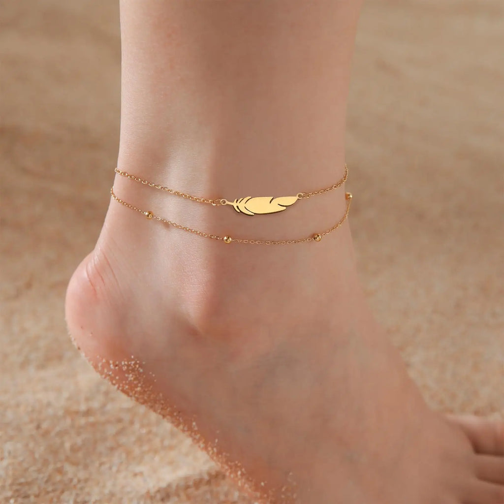Dreamtimes  Anklets Women's Foot Chain  Feather Stainless Steel Double Foot Chain Beach Style Boho Anklet Jewellery Accessories