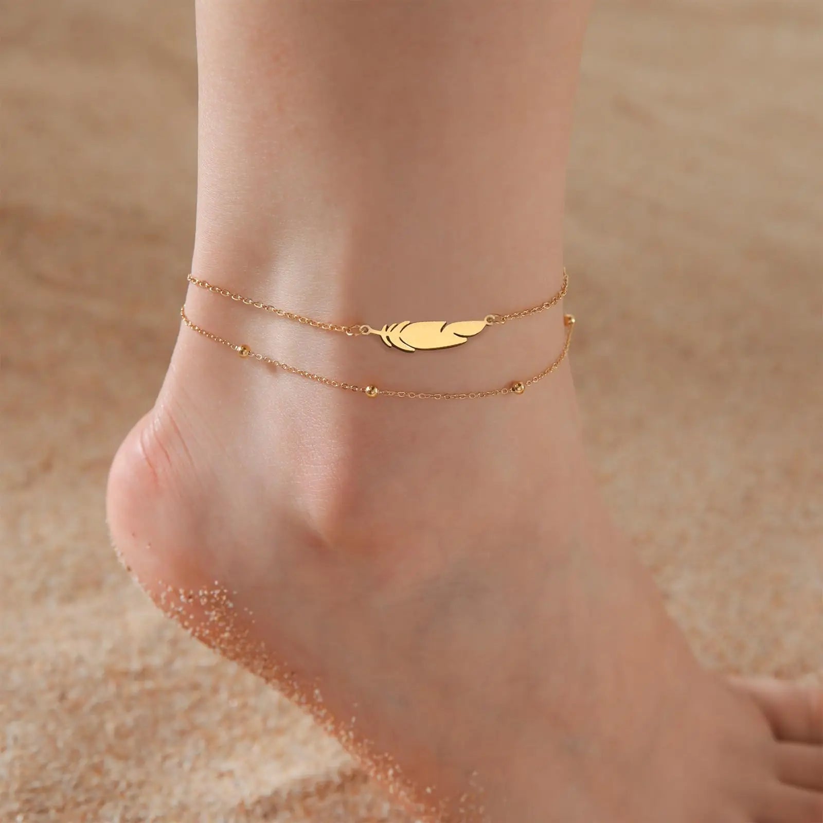Dreamtimes  Anklets Women's Foot Chain  Feather Stainless Steel Double Foot Chain Beach Style Boho Anklet Jewellery Accessories