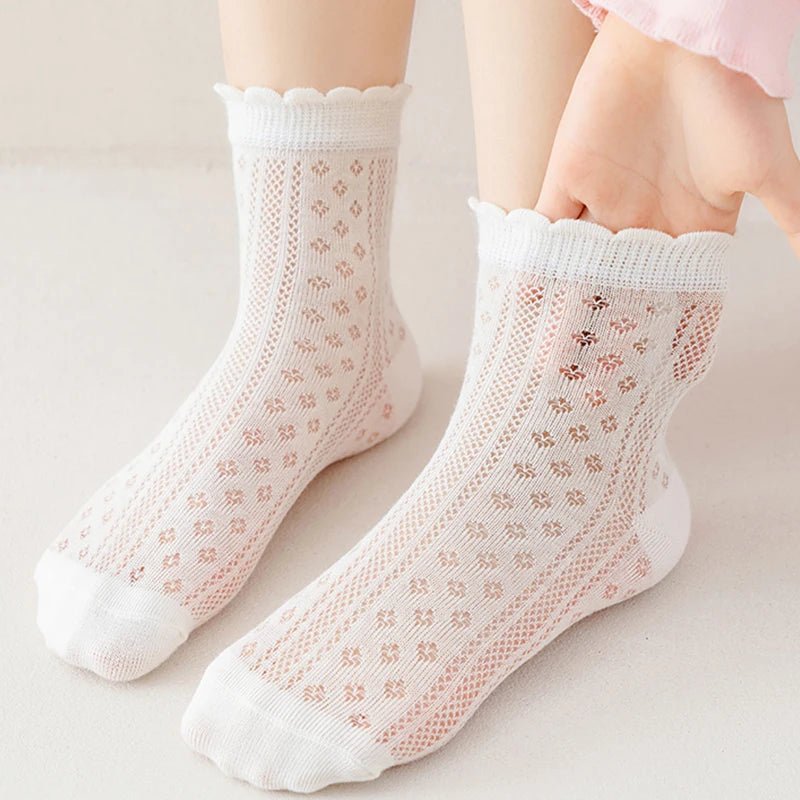 5 Pairs Color Solid Mesh Children Gils Mid-calf Socks Concise Trendy Casual Breathable Cotton Combed Cozy Soft Elastic Kids Sock