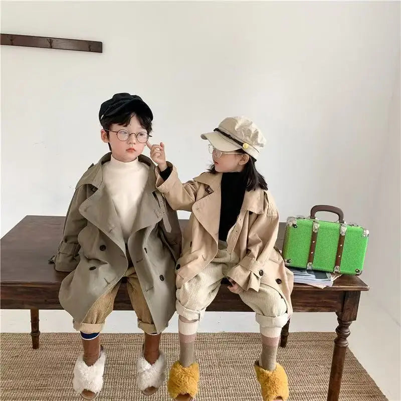 Children's Trench Coat Spring Autumn Boys Girls Jacket Overcoat Long Sleeve Turn-Down Collar Windbreaker Top Kids Clothes