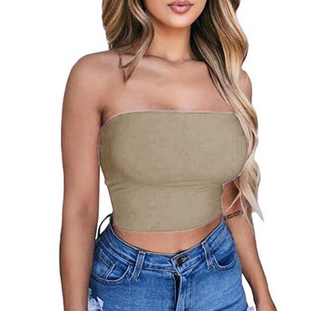 Club Bar Women Sexy Solid Color Vest Strapless Cropped Mini Bustier Slim Elastic Tube Top