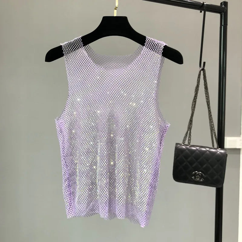 Débardeur brillant avec perles de cristal, Club de fête, Sexy, ajouré, diamants estampage, Camis Winky, gilet sans manches