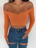 Women's Sexy Club Fashion T-Shirts Long Sleeve Off-Shoulder Solid Color Ladies T-shirts Autumn Basic Tees