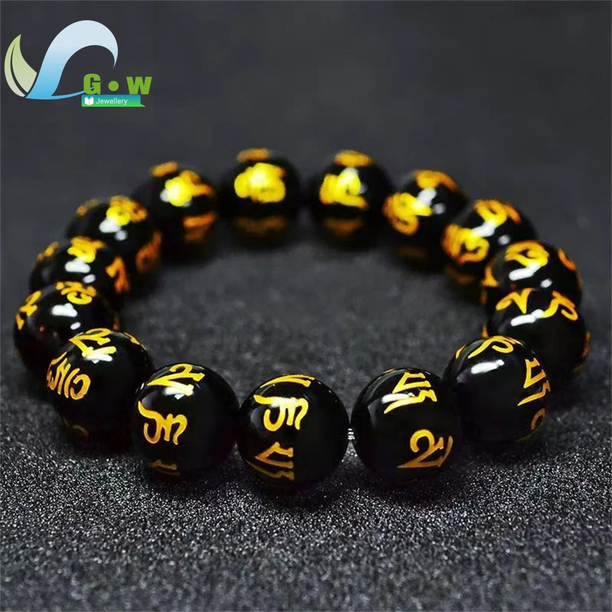 Lucky Natural Black Jade Carved Six-Character Motto Obsidian Transfer Bracelet For Men Women Gift Couple Bracelet Jewelry Gift