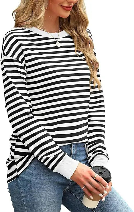 2025 Spring Women's Striped T-shirt Long Sleeve O-neck Color-blocking Fashion Top Versatile College Casual Street Tees
