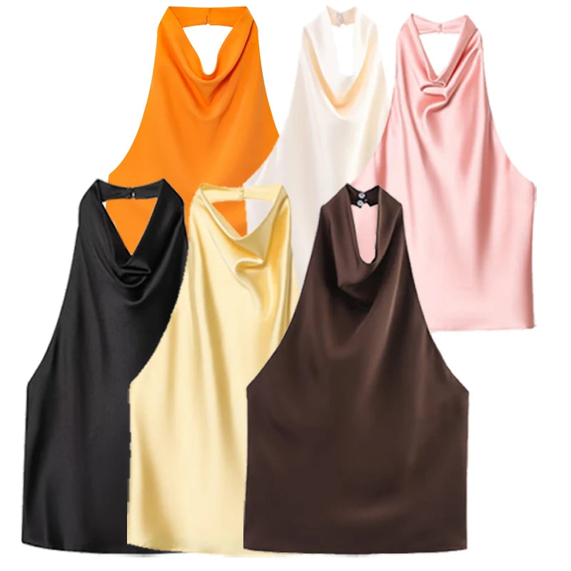 HXAO haut femmes licou Satin haut pour femme dos nu haut Corset gilet jaune rose noir été élégant Sexy hauts débardeur robes