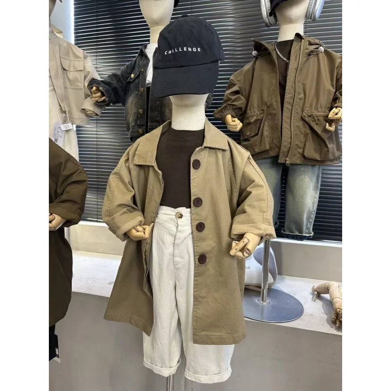 Spring Fall New Boys Girls Solid Color Casual Trench Coat Children Fashion Mid-Length Windbreaker Kids Single Breasted Clothes