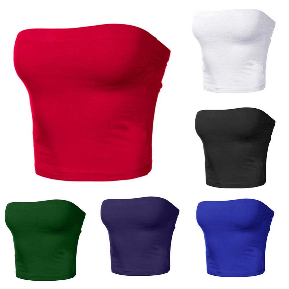 Club Bar Women Sexy Solid Color Vest Strapless Cropped Mini Bustier Slim Elastic Tube Top