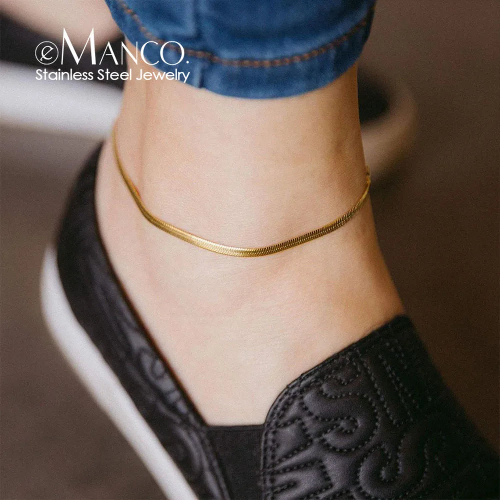 eManco Stainless Steel Flat Snake Chain Anklet 14K Gold Minimalist Ankle Bracelet Women Beach Daily Summer Jewelry Gifts