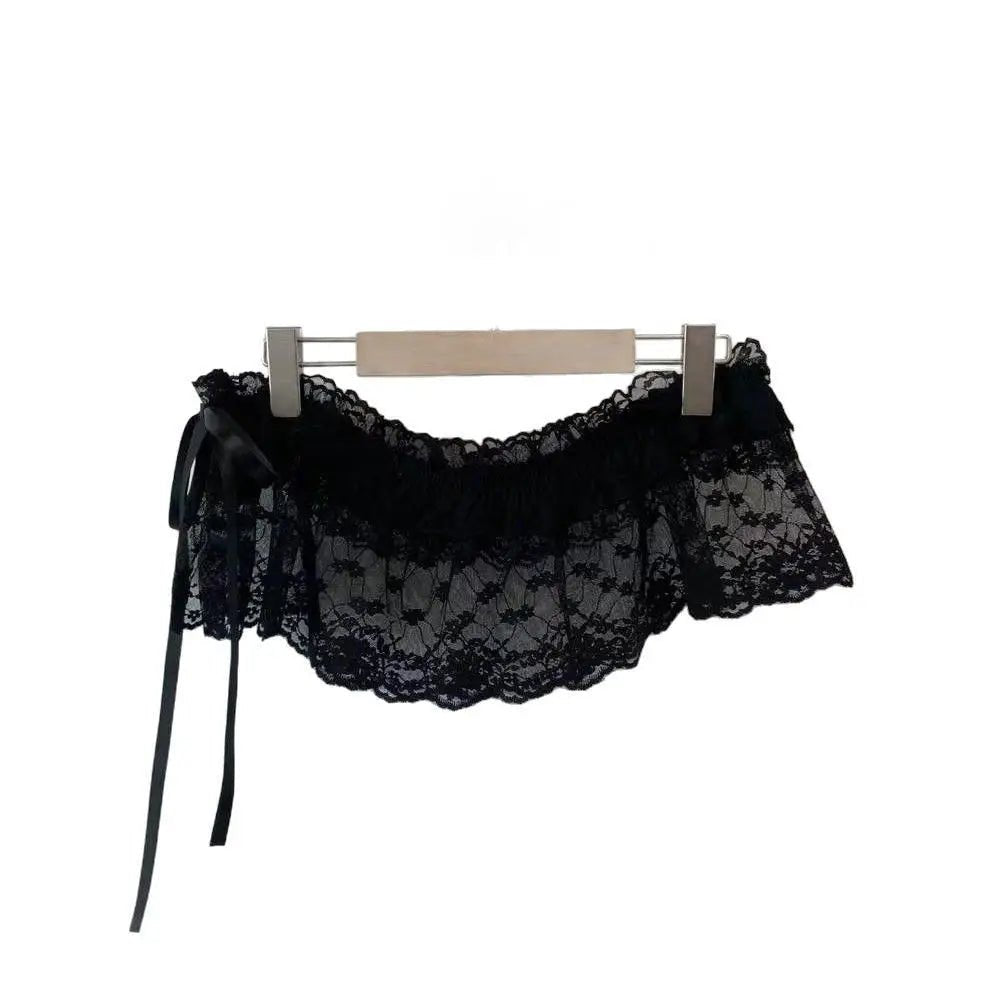New Embroidered Flower Lace Mini Skirt See Through Y2K Streetwear Ruched Skirts Harajuku Butt Curtain Jeans Decoration