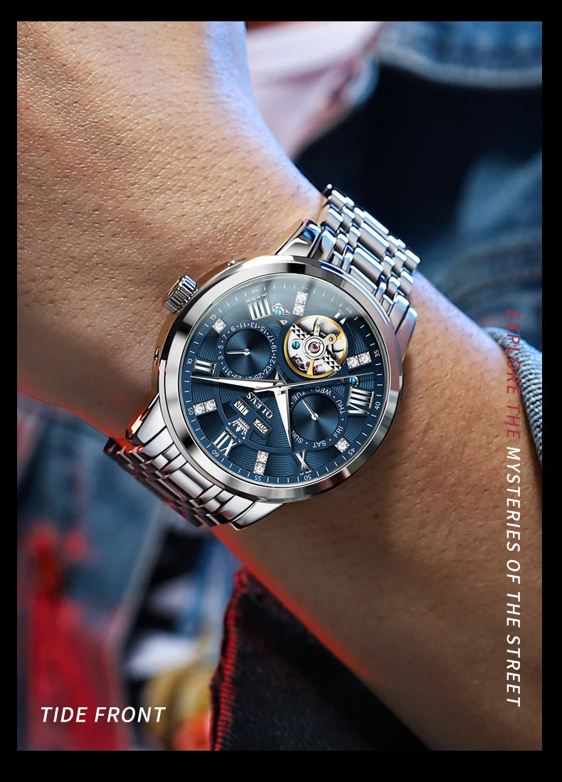 OLEVS montres pour hommes Skeketon volant automatique mécanique montre-bracelet originale pour homme étanche lumineux calendrier perpétuel