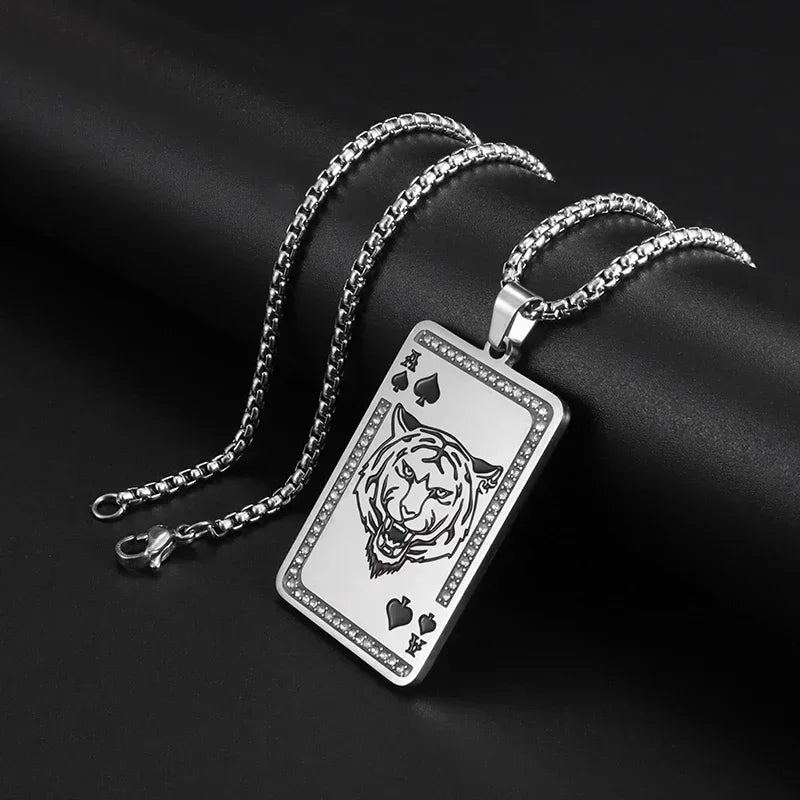 Hip-Hop Iced Out Spades Playing Card Necklace Men\'s Personalized Street Hip-Hop Rock Trend Jewelry Cool Luck Necklace