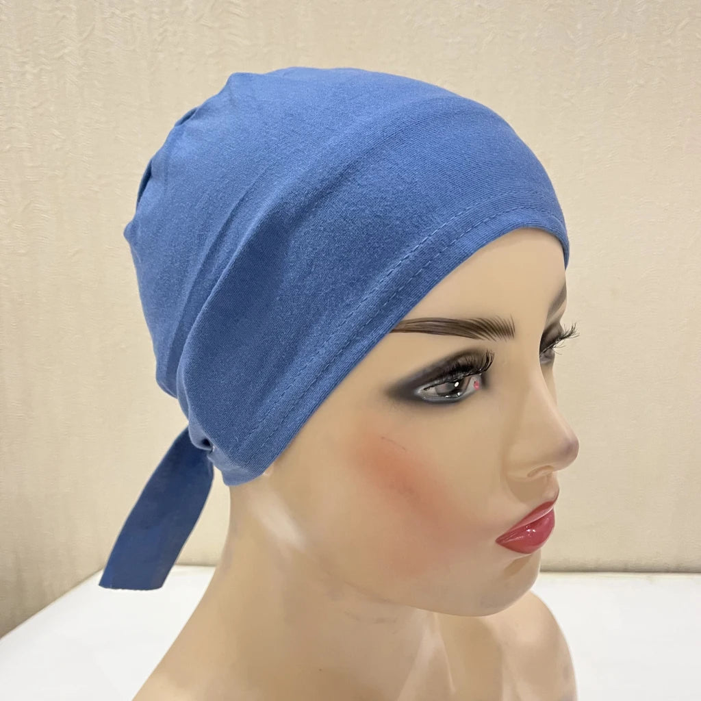H048 Plain Cotton tie back hats Muslim Turban Pure Color Stretch Inner Hijabs underscarf Women Head Scarf Under Hijab Bonnet