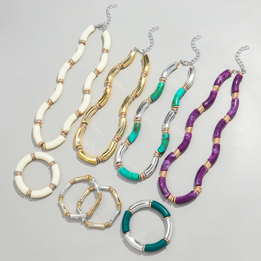 Boho Acrylic Bamboo Curved Tube Stackable Necklaces Bracelet for Women Men HipHop Resin Elbow Beads Choker Necklace 2024 Jewelry