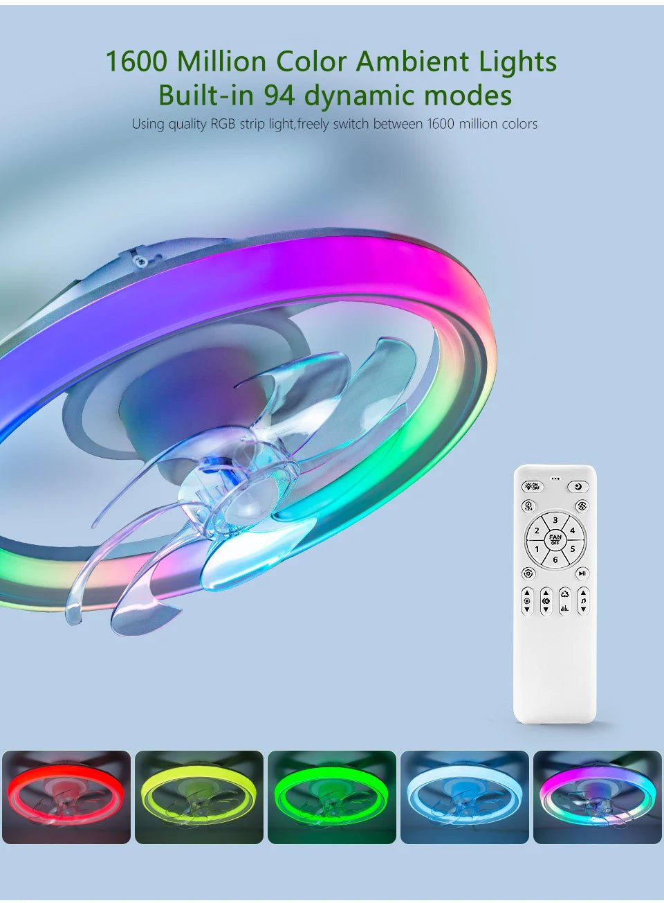Ventilateur Plafonnier LED RGB 7 Pales – Bluetooth, Télécommande & Musique | BENEWTON