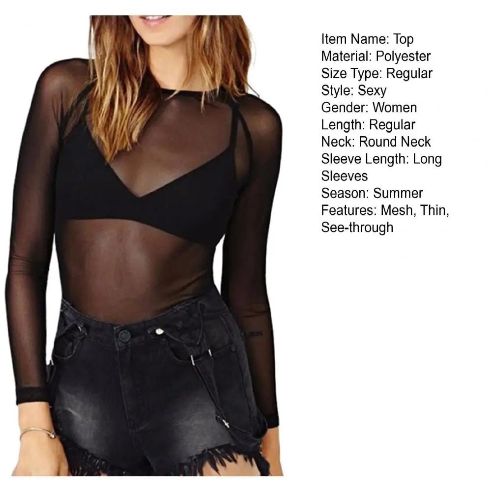 Super-soft Women Top Stylish Women's Sheer Mesh Long Sleeve Top Soft Breathable Round Neck Pullover Slim Fit Punk Beachwear