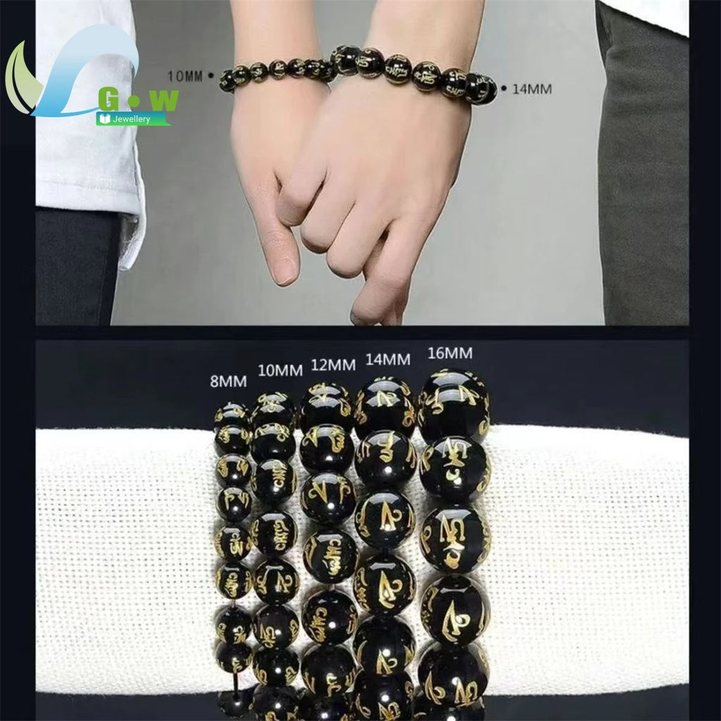 Lucky Natural Black Jade Carved Six-Character Motto Obsidian Transfer Bracelet For Men Women Gift Couple Bracelet Jewelry Gift