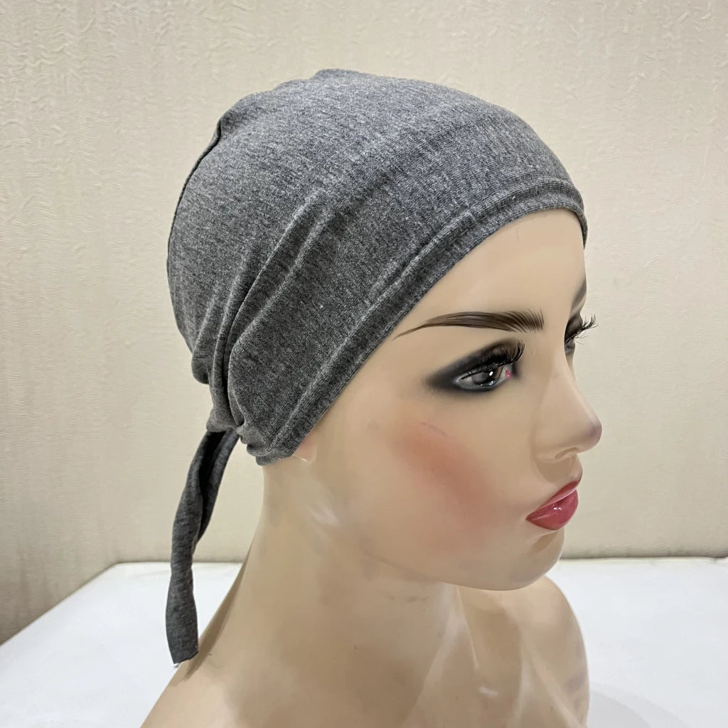 H048 Plain Cotton tie back hats Muslim Turban Pure Color Stretch Inner Hijabs underscarf Women Head Scarf Under Hijab Bonnet
