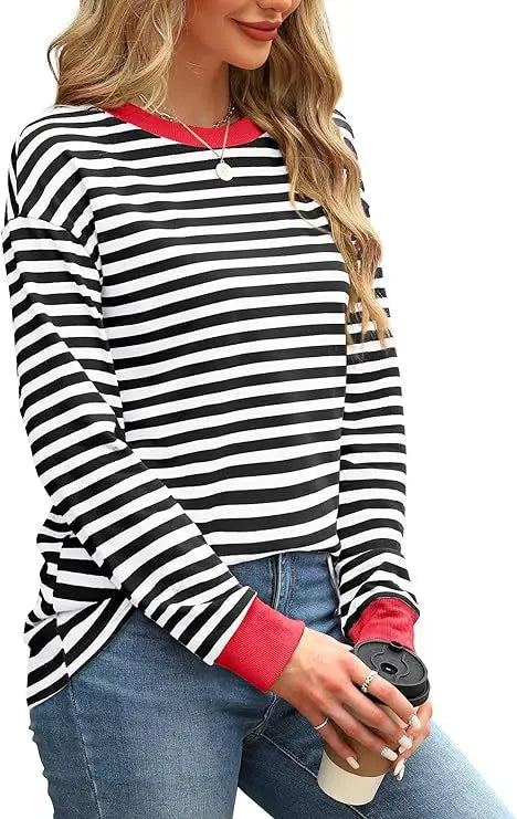 2025 Spring Women's Striped T-shirt Long Sleeve O-neck Color-blocking Fashion Top Versatile College Casual Street Tees