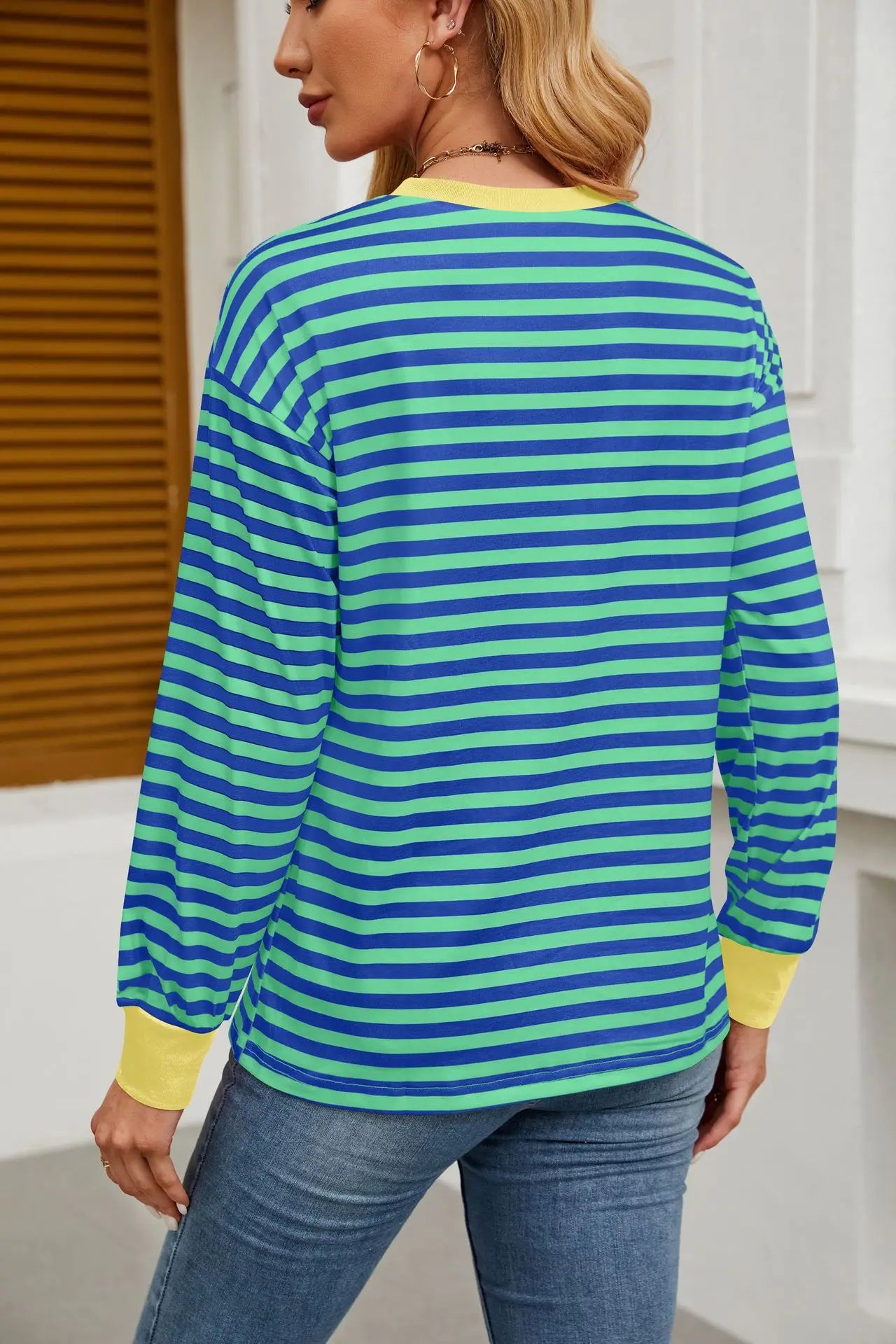 2025 Spring Women's Striped T-shirt Long Sleeve O-neck Color-blocking Fashion Top Versatile College Casual Street Tees
