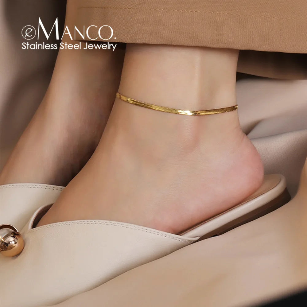 eManco Stainless Steel Flat Snake Chain Anklet 14K Gold Minimalist Ankle Bracelet Women Beach Daily Summer Jewelry Gifts