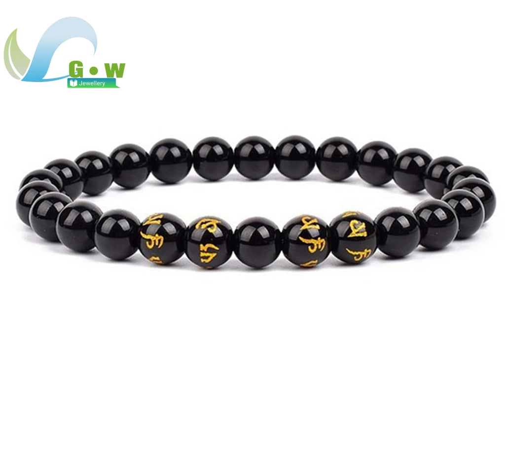 Lucky Natural Black Jade Carved Six-Character Motto Obsidian Transfer Bracelet For Men Women Gift Couple Bracelet Jewelry Gift