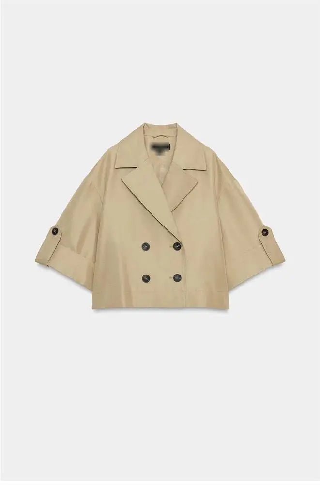 Short A-Line Windbreaker with Cuffed Sleeves Double-Breasted Closure Back Elastic Band Detail Polyester Cotton Blend ...