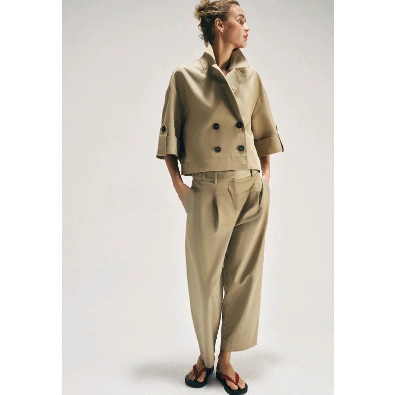 Spring Summer New Women's Simple Turn-down Collar Short Sleeve Double-breasted Short Length Windbreaker Jacket 3046229