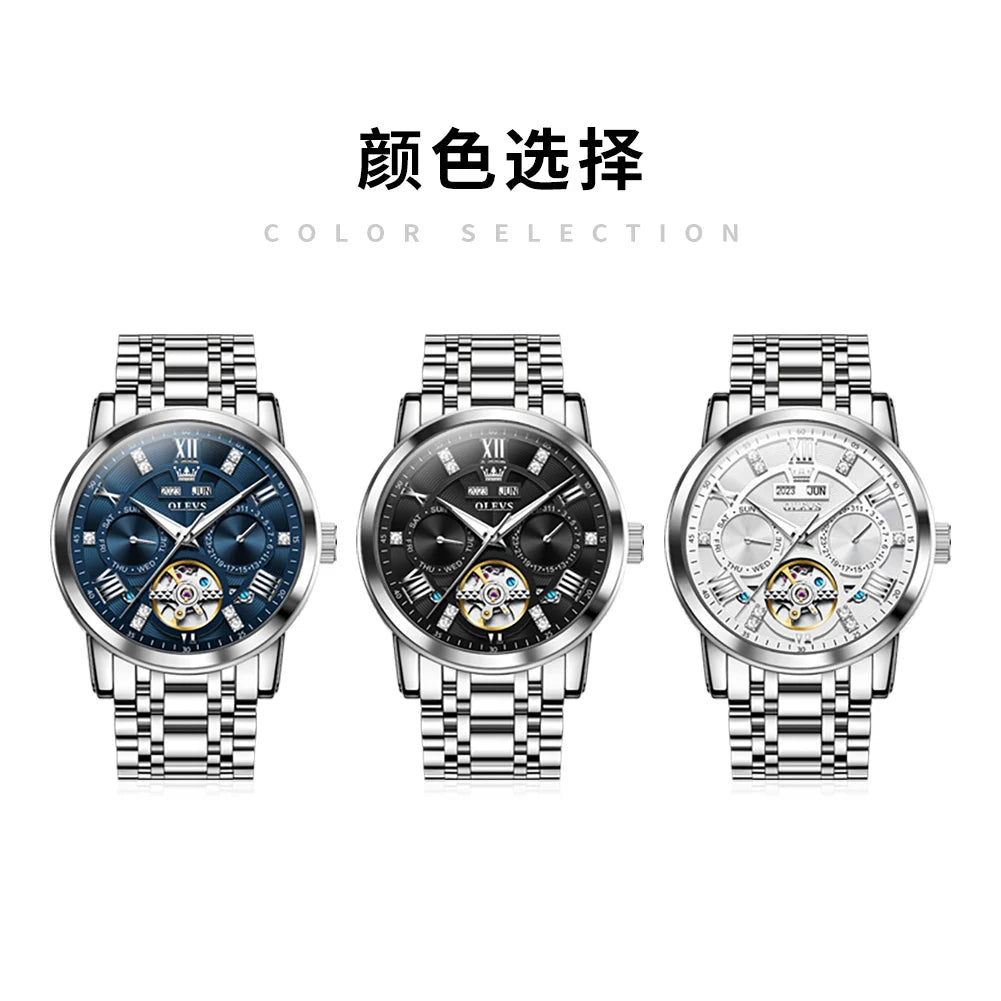 OLEVS montres pour hommes Skeketon volant automatique mécanique montre-bracelet originale pour homme étanche lumineux calendrier perpétuel