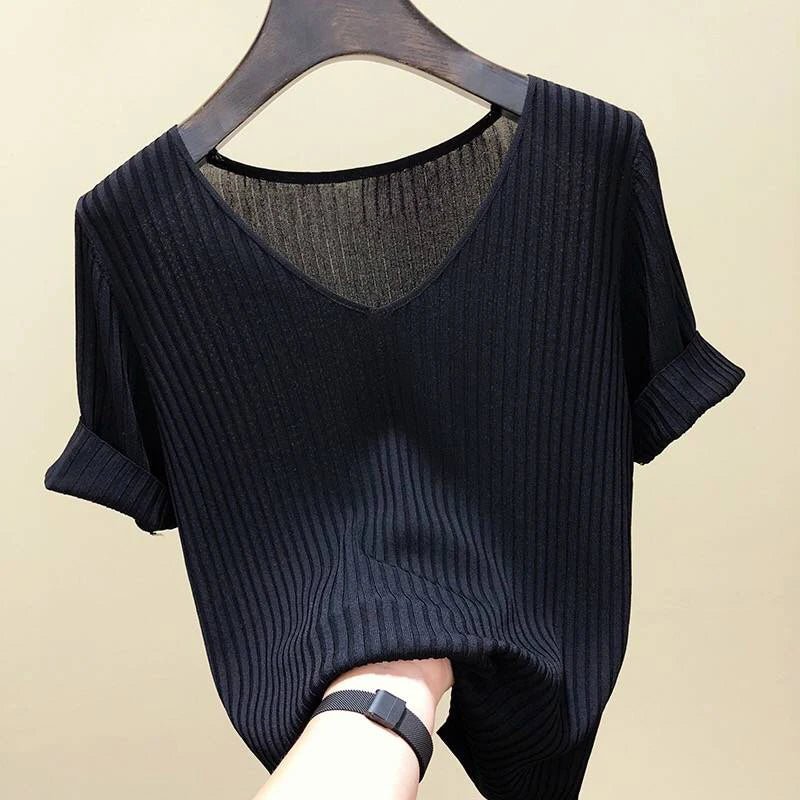 AOSSVIAO 2026 Basic V-neck Solid Thin Summer Women Pullover Female Thin Knitted Ribbed Sweater Slim Short Sleeve Bodycon Sweater