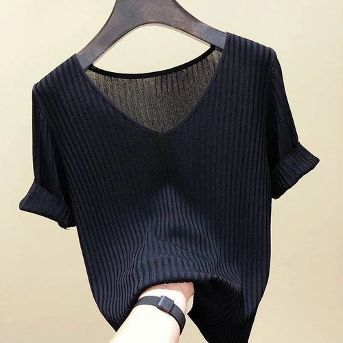 AOSSVIAO 2026 Basic V-neck Solid Thin Summer Women Pullover Female Thin Knitted Ribbed Sweater Slim Short Sleeve Bodycon Sweater