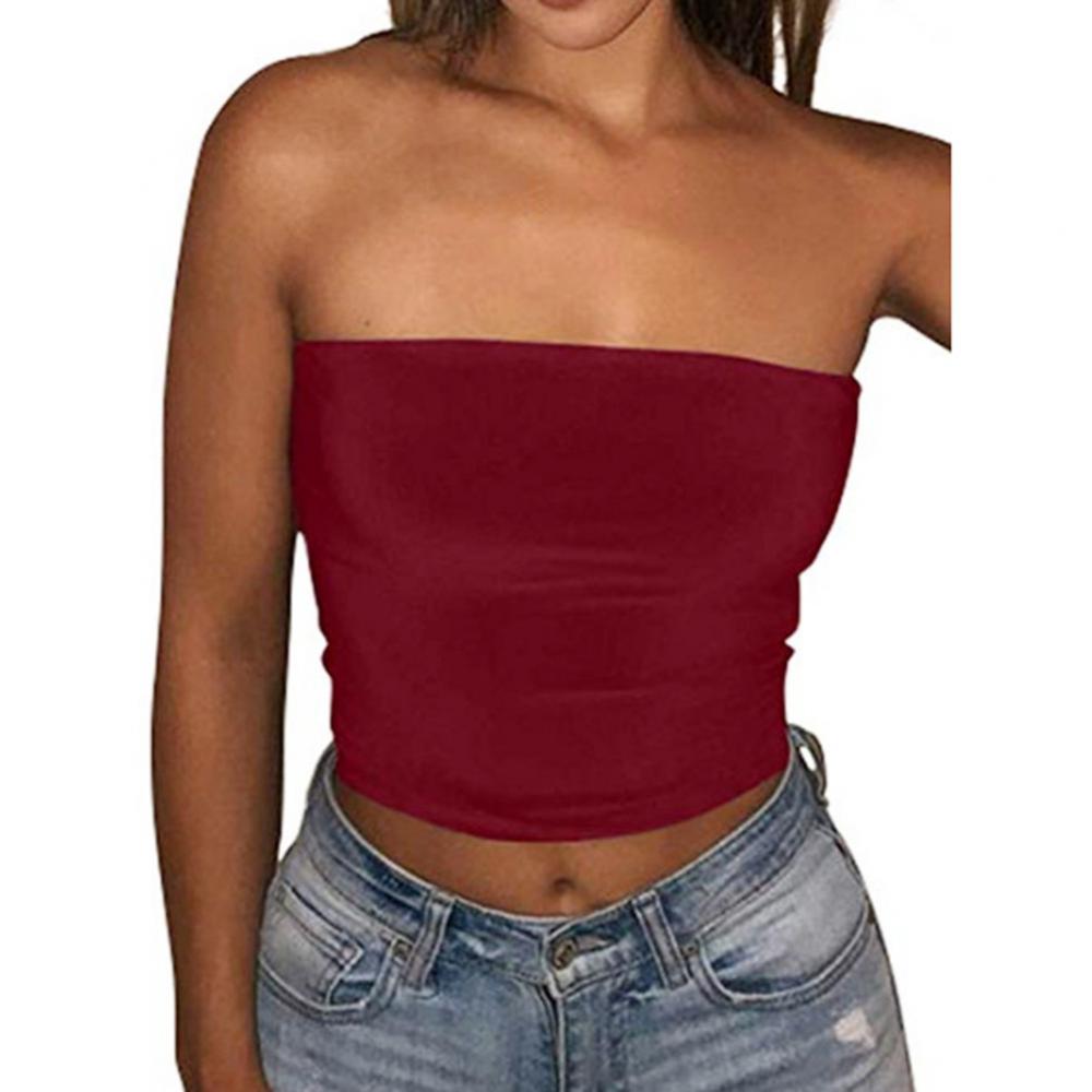 Club Bar Women Sexy Solid Color Vest Strapless Cropped Mini Bustier Slim Elastic Tube Top