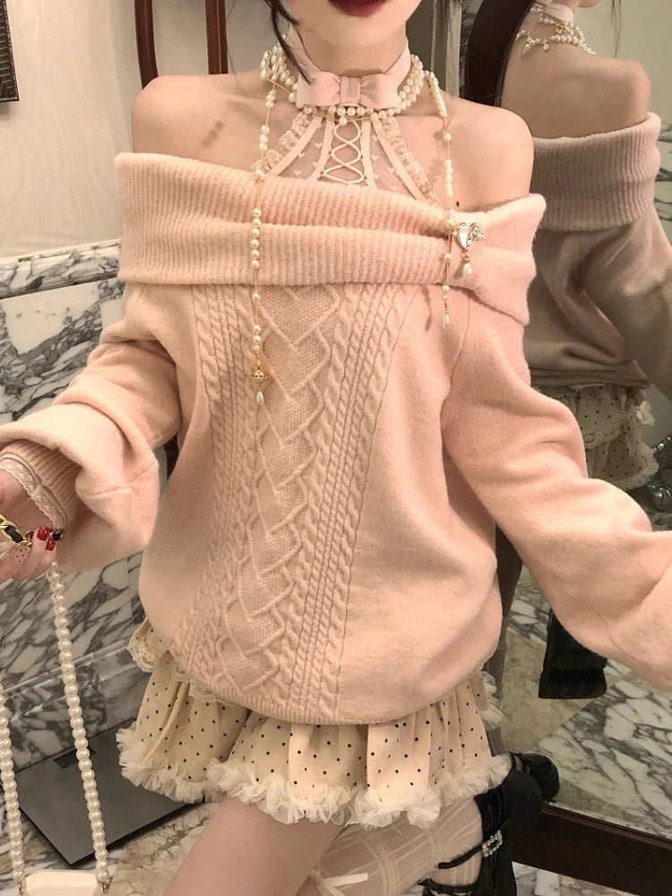 Women's Off-the-Shoulder Bow Sweater – Y2K Sexy & Elegant Autumn Winter Knit