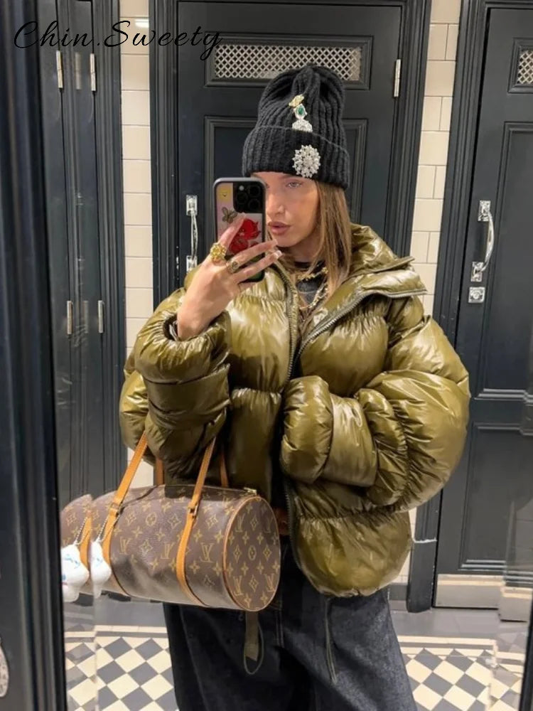 Street Drawstring Detachable Hooded Cotton Coats Women Stand Collar Full Sleeve Lace-Up Slim Waist Coat 2025 Winter Warm Outerwear
