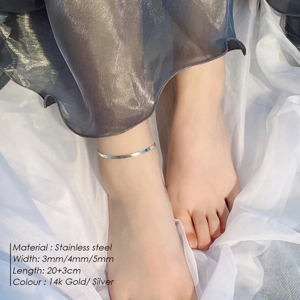 eManco Stainless Steel Flat Snake Chain Anklet 14K Gold Minimalist Ankle Bracelet Women Beach Daily Summer Jewelry Gifts