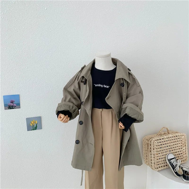 2025 Spring Children's Trench Coat Jacket Long Trench Coat Lapel
