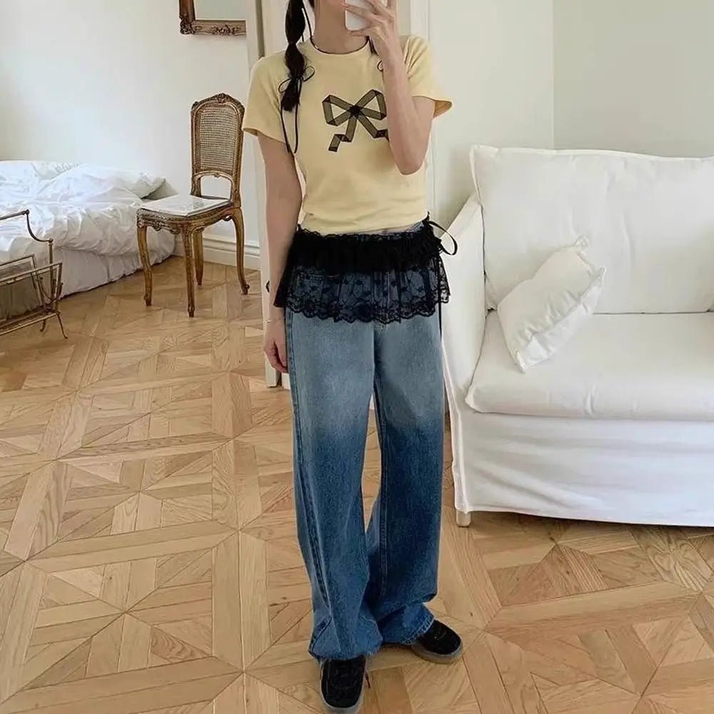 New Embroidered Flower Lace Mini Skirt See Through Y2K Streetwear Ruched Skirts Harajuku Butt Curtain Jeans Decoration