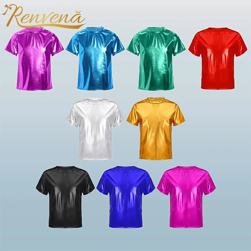 Children T-Shirt Shiny Metallic Short Sleeve Clothes Girl Boys Kids T-Shirt Hip Hop Jazz Dance Costume Top Performance Dancewear