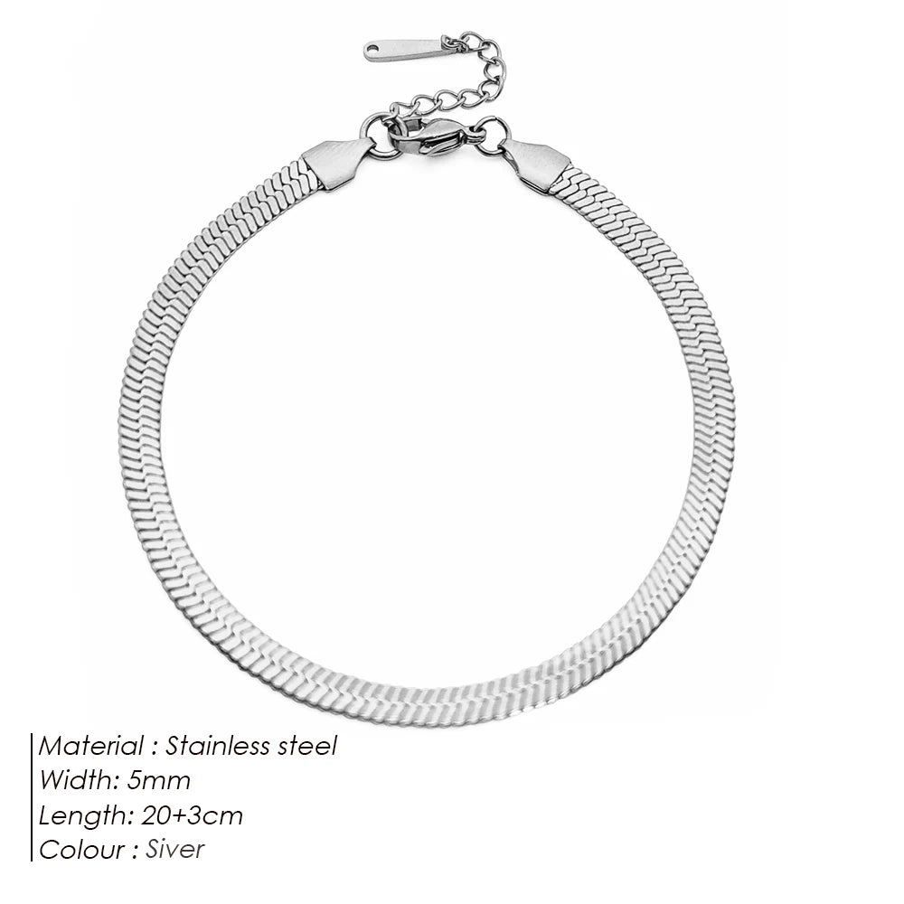 eManco Stainless Steel Flat Snake Chain Anklet 14K Gold Minimalist Ankle Bracelet Women Beach Daily Summer Jewelry Gifts