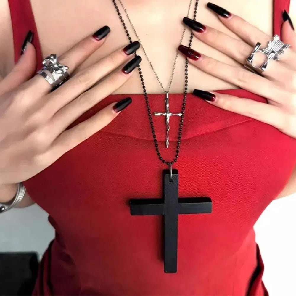 Collier Pendentif Croix en Bois Gothique & Punk – Style Y2K Vintage | Femme & Homme