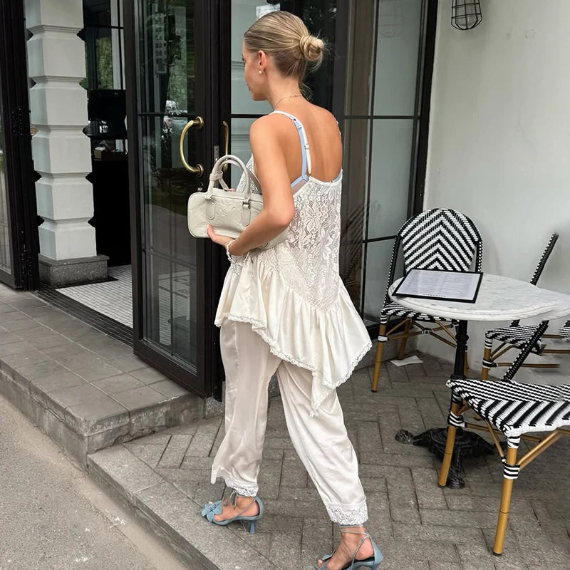 Tornova Lace Splice Sling Vest T-shirt Lady Irregular See Through Sexy Top V-neck Hot Girl Casual Party Commuting Tanks Fashion