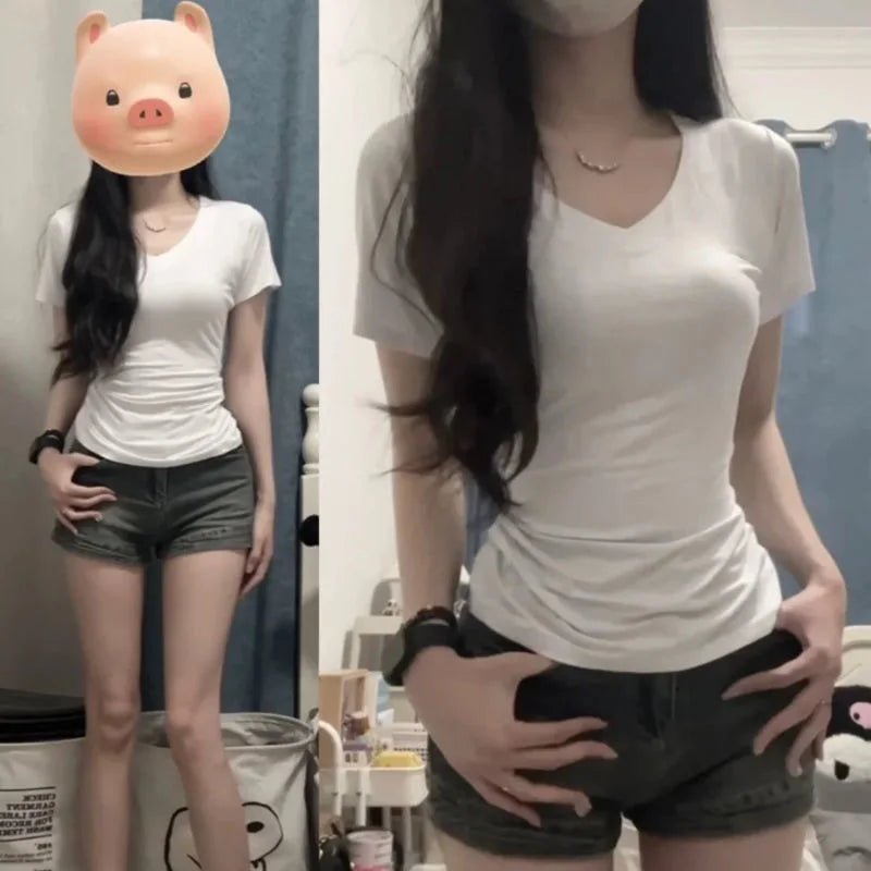 2026 Summer Korean Fashion T Shirt Women Black V-neck Short-Sleeved T-Shirt Slim-Fit Hottie Short  Crop Top Woman Y2K Tees Kpop
