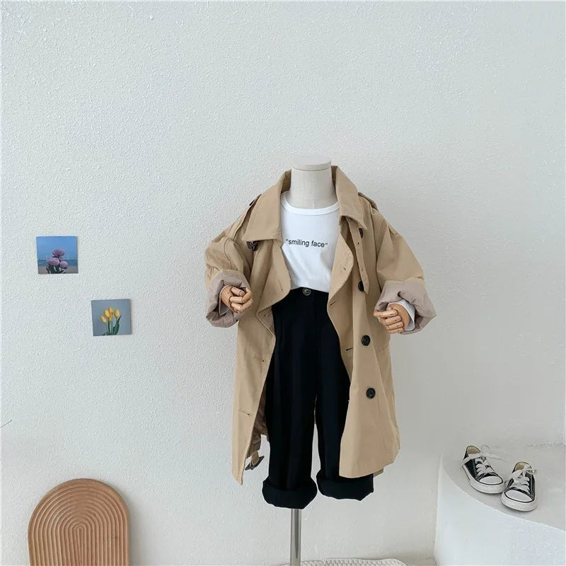 2025 Spring Children's Trench Coat Jacket Long Trench Coat Lapel