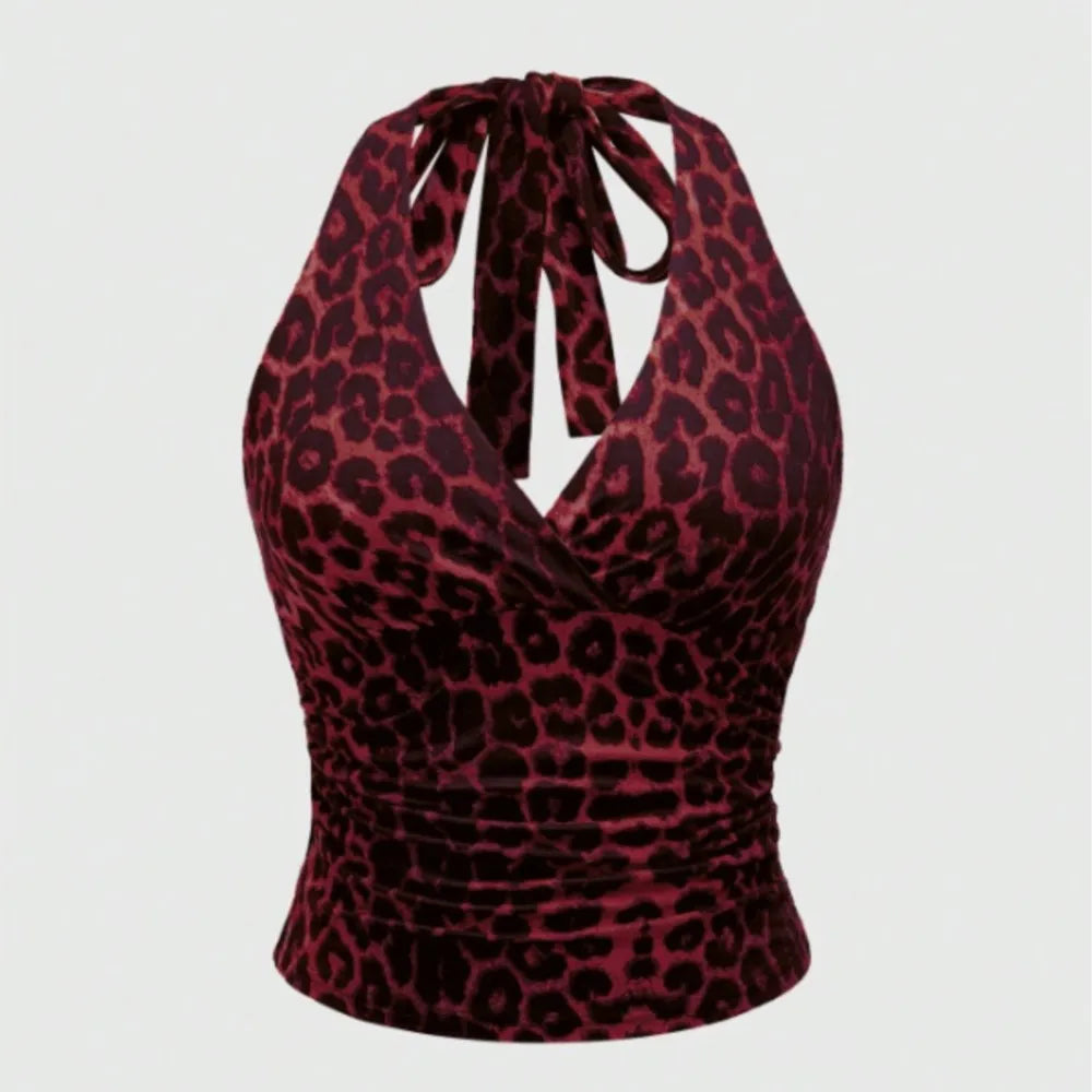 Top sans manches décontracté pour femmes, imprimé léopard rétro, dos nu, col halter, sexy, dos nu, à lacets, Ropa Para Mujer