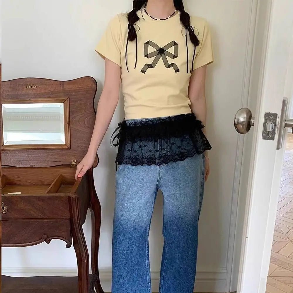 New Embroidered Flower Lace Mini Skirt See Through Y2K Streetwear Ruched Skirts Harajuku Butt Curtain Jeans Decoration
