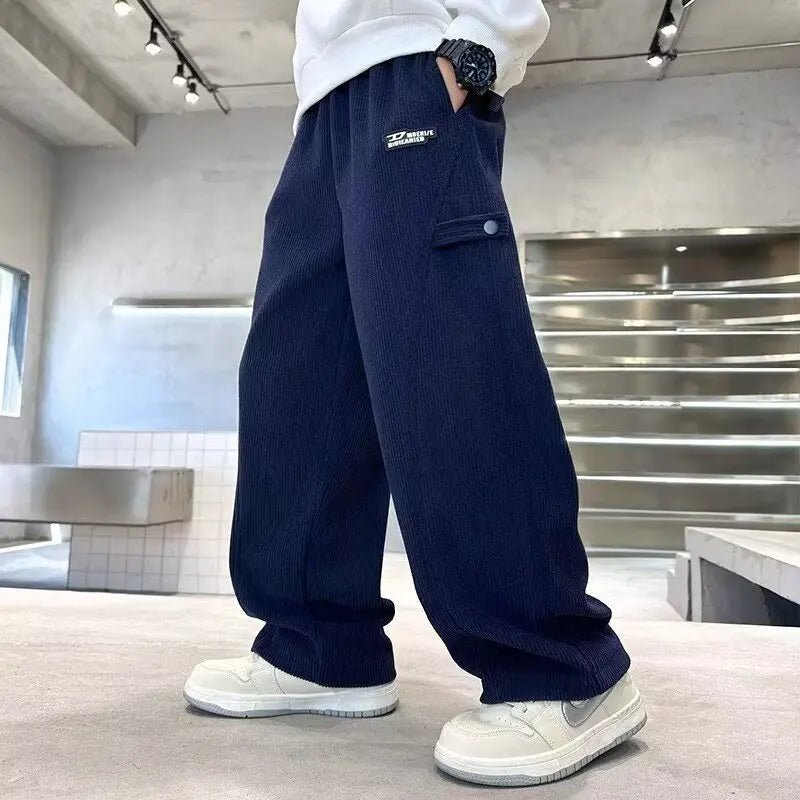 2025 Boys Causal Pants Kids Autumn Loose Warm Sports Pants 120-170 Navy Blue Trousers for Children Spring Kids Clothing New