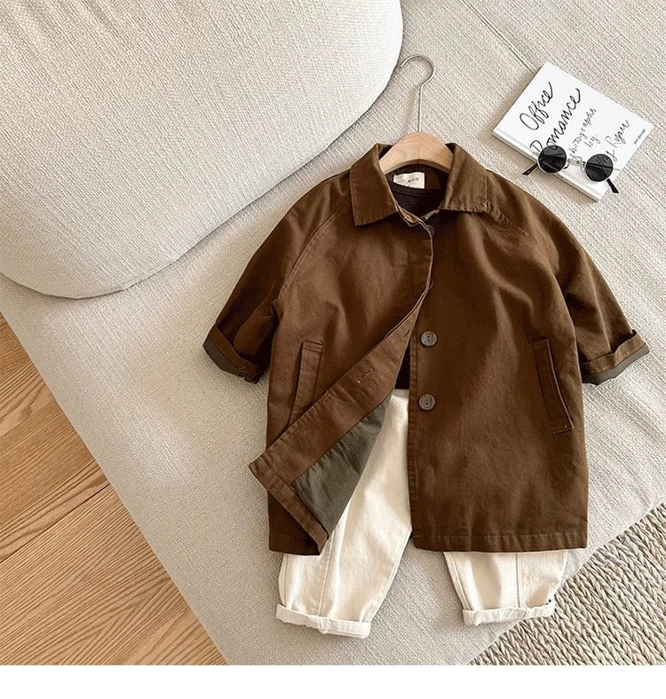 Kids Boys Girls Thin Jacket Coats 2025 New Arrival Children Csual Long Windbreaker Apricot Coffee Navy Spring Autumn Cotton Tops