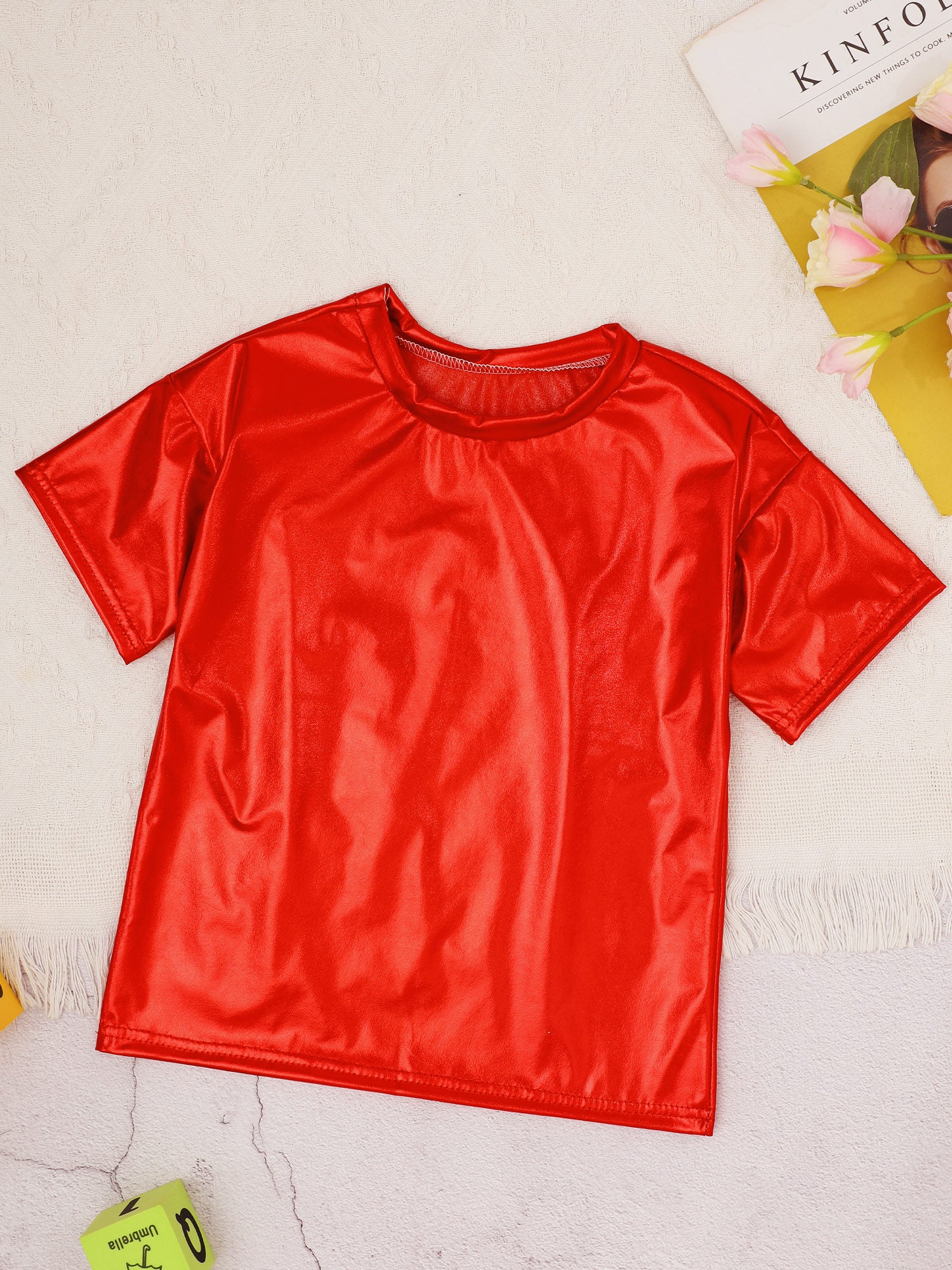 Children T-Shirt Shiny Metallic Short Sleeve Clothes Girl Boys Kids T-Shirt Hip Hop Jazz Dance Costume Top Performance Dancewear